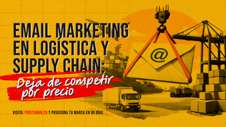 Collage digital minimalista de una grúa portuaria levantando un sobre de correo, metáfora del email marketing en logística y supply chain.